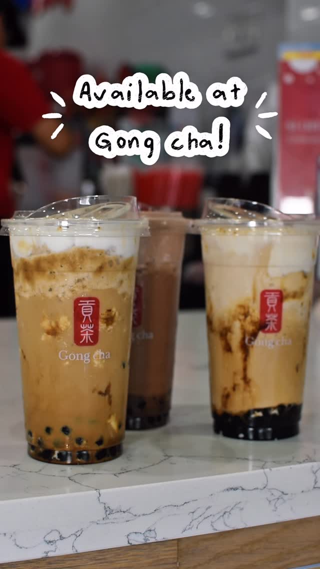 Three Gong cha Bobaccino drinks on a counter, captioned "Available at Gong cha!"