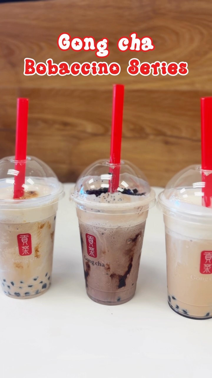 Three Gong cha Bobaccino drinks with red straws, captioned "Gong cha Bobaccino Series"